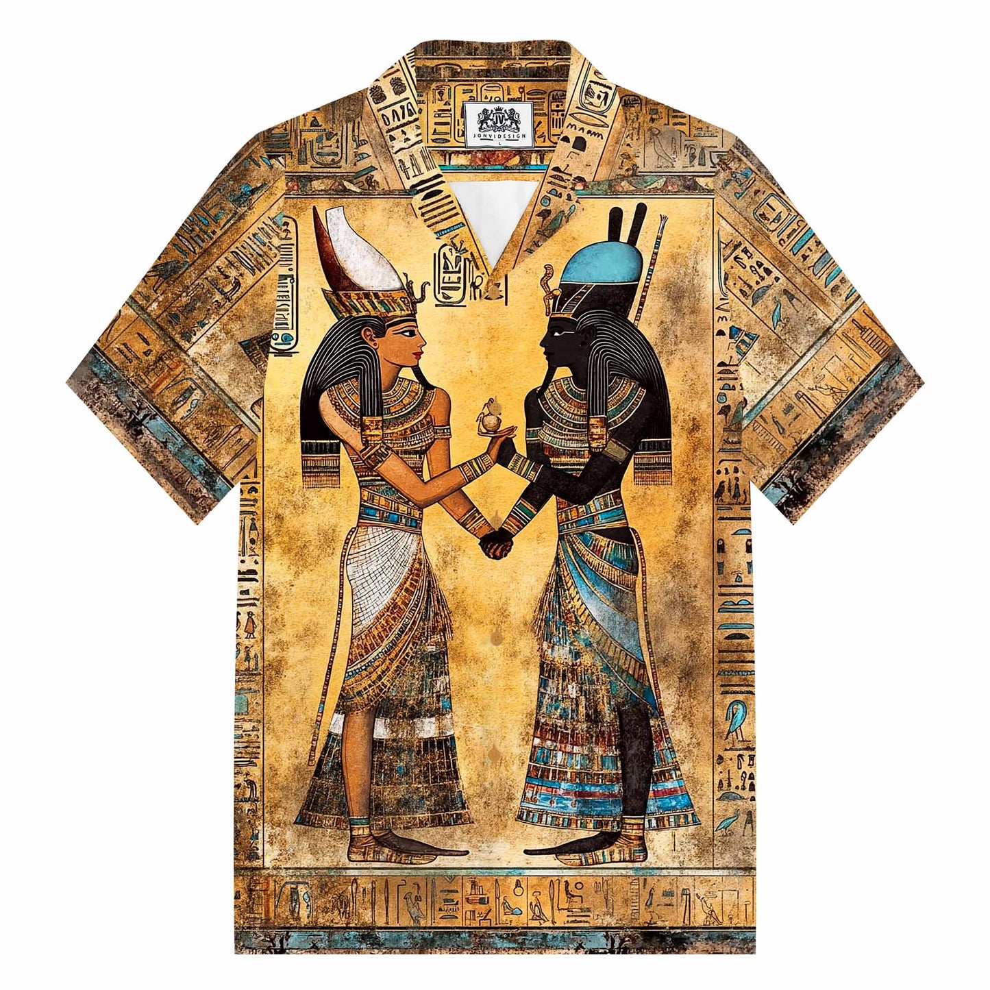 Vintage Egyptian Hieroglyphics & Goddess Isis Pattern Camping Collar Short-Sleeved Shirt