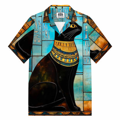 Ancient Egyptian Divine Black Cat Pattern Camp Collar Casual Short Sleeve Shirt