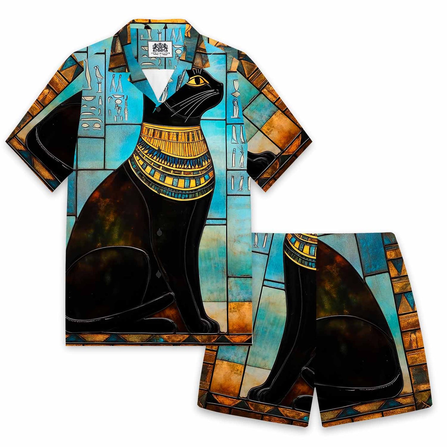 Ancient Egyptian Divine Black Cat Pattern Camp Collar Casual Short Sleeve Shirt