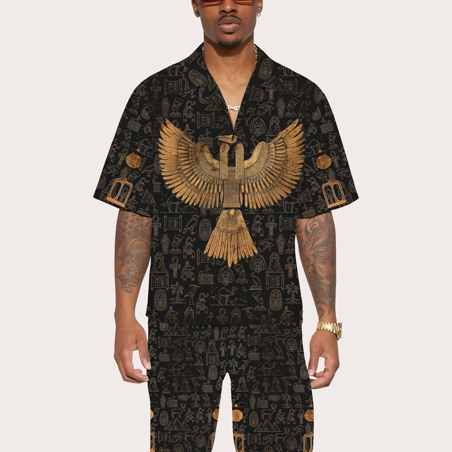 Ancient Egyptian Mythology Eagle God Totem Print Camp Collar Casual Short Sleeve Shirt