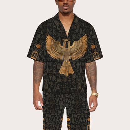 Ancient Egyptian Mythology Eagle God Totem Print Camp Collar Casual Short Sleeve Shirt