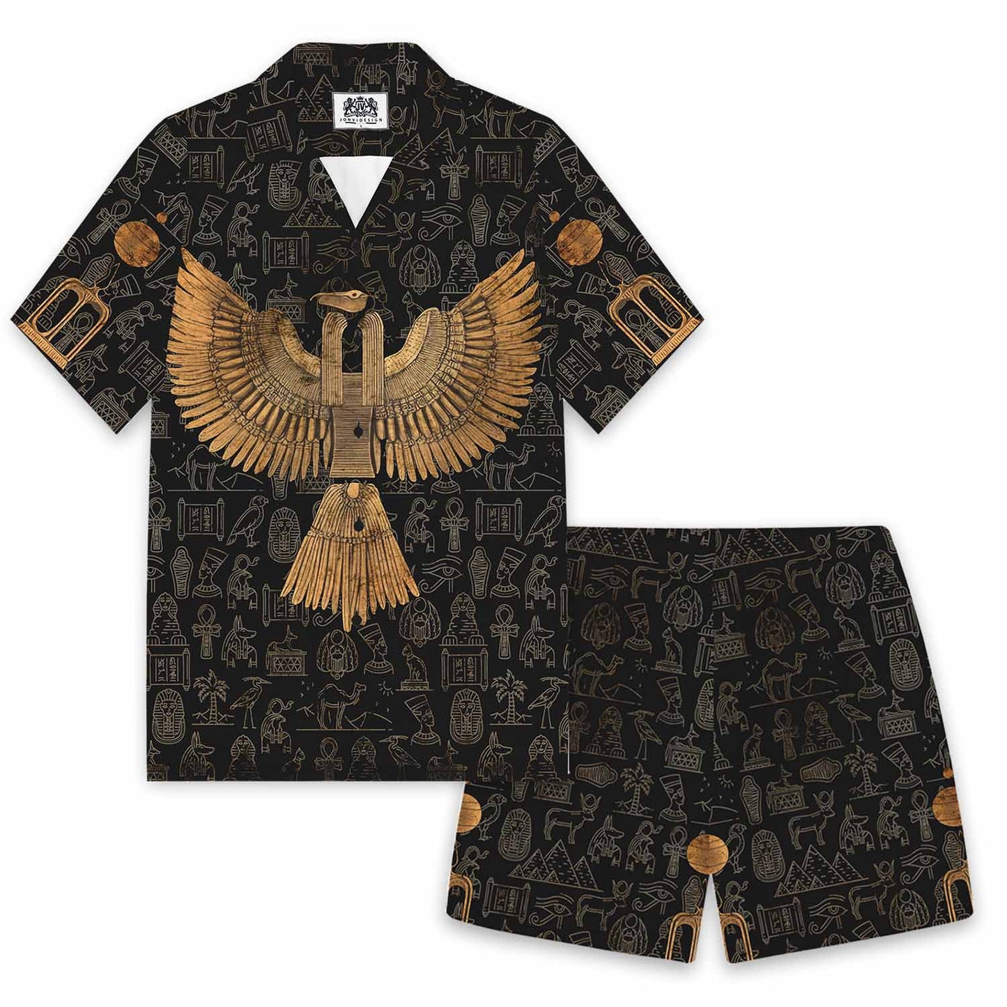 Ancient Egyptian Mythology Eagle God Totem Print Camp Collar Casual Short Sleeve Shirt