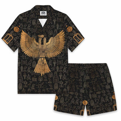 Ancient Egyptian Mythology Eagle God Totem Print Camp Collar Casual Short Sleeve Shirt