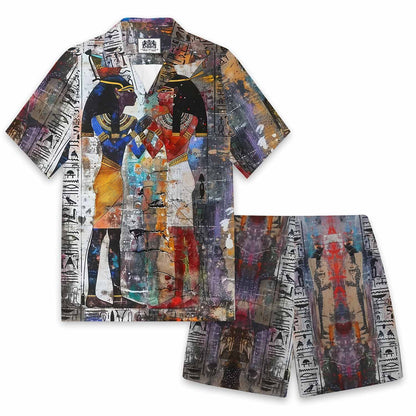 Ancient Egyptian Goddess Pattern Camp Collar Short Sleeve Shirt