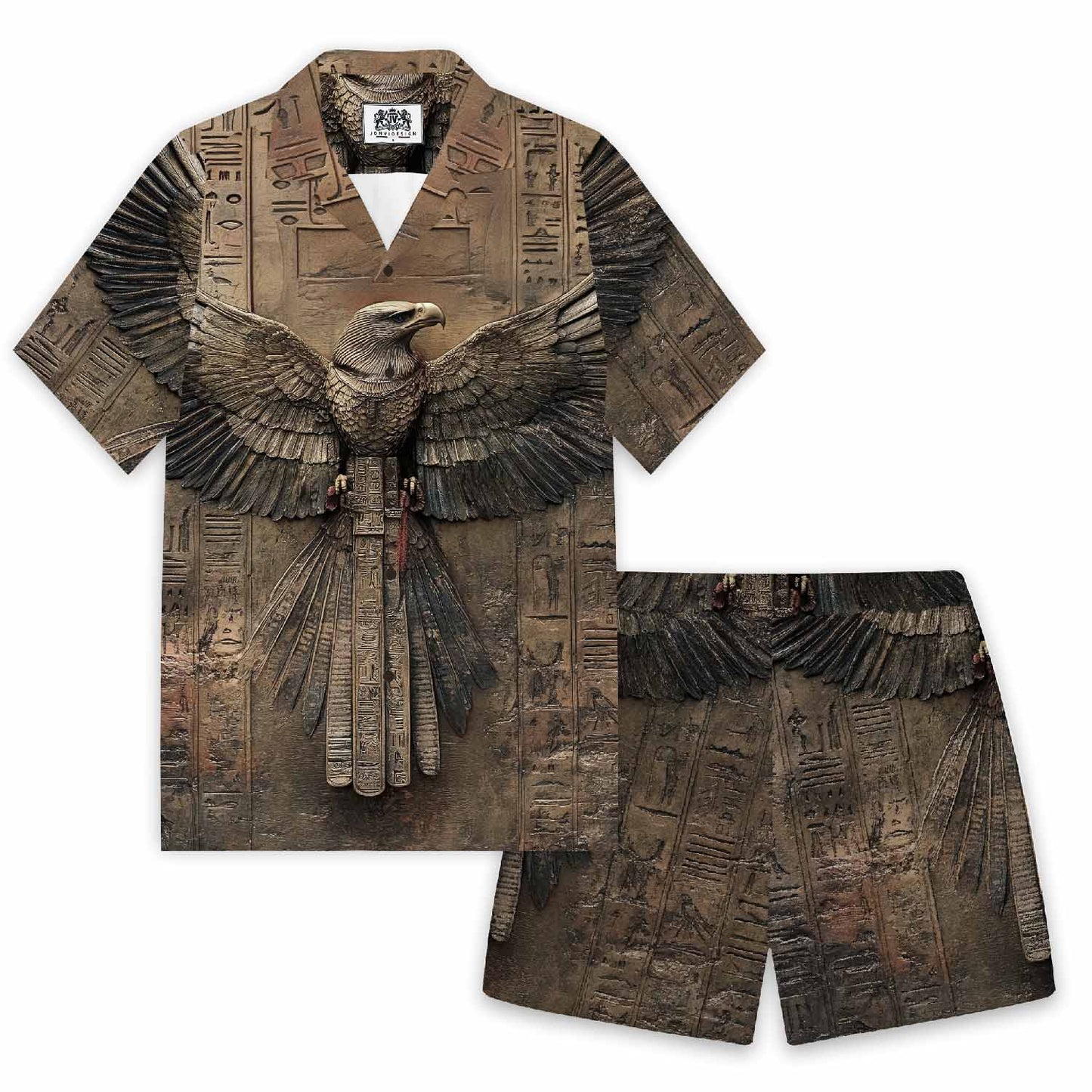 Ancient Egyptian Runes & Eagle Pattern Camp Collar Short-Sleeved Shirt