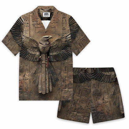 Ancient Egyptian Runes & Eagle Pattern Casual Elastic Waist Shorts
