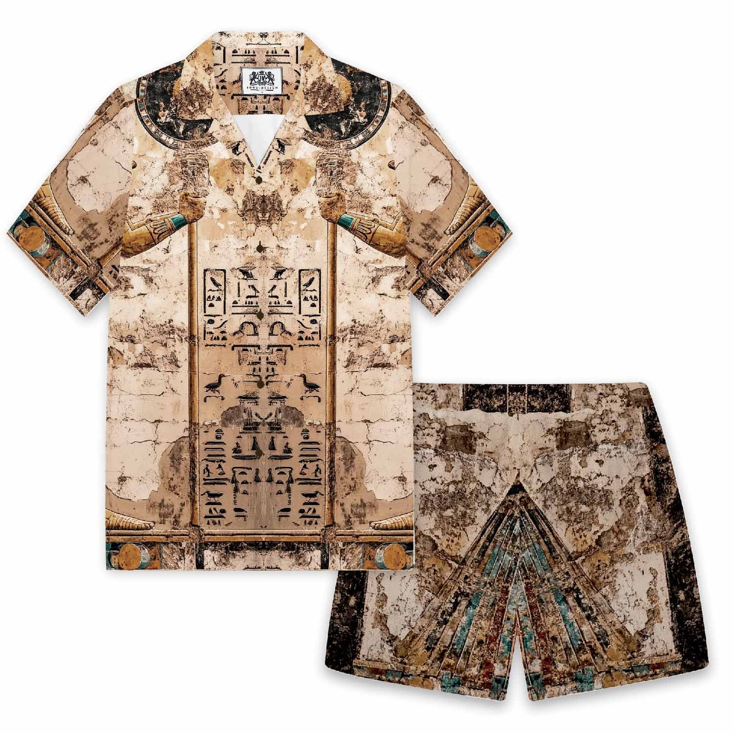 Ancient Egyptian Horus Print Camp Collar Short-Sleeved Shirt
