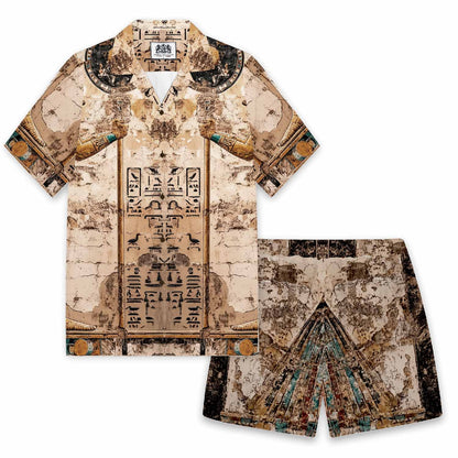 Ancient Egyptian Horus Print Camp Collar Short-Sleeved Shirt