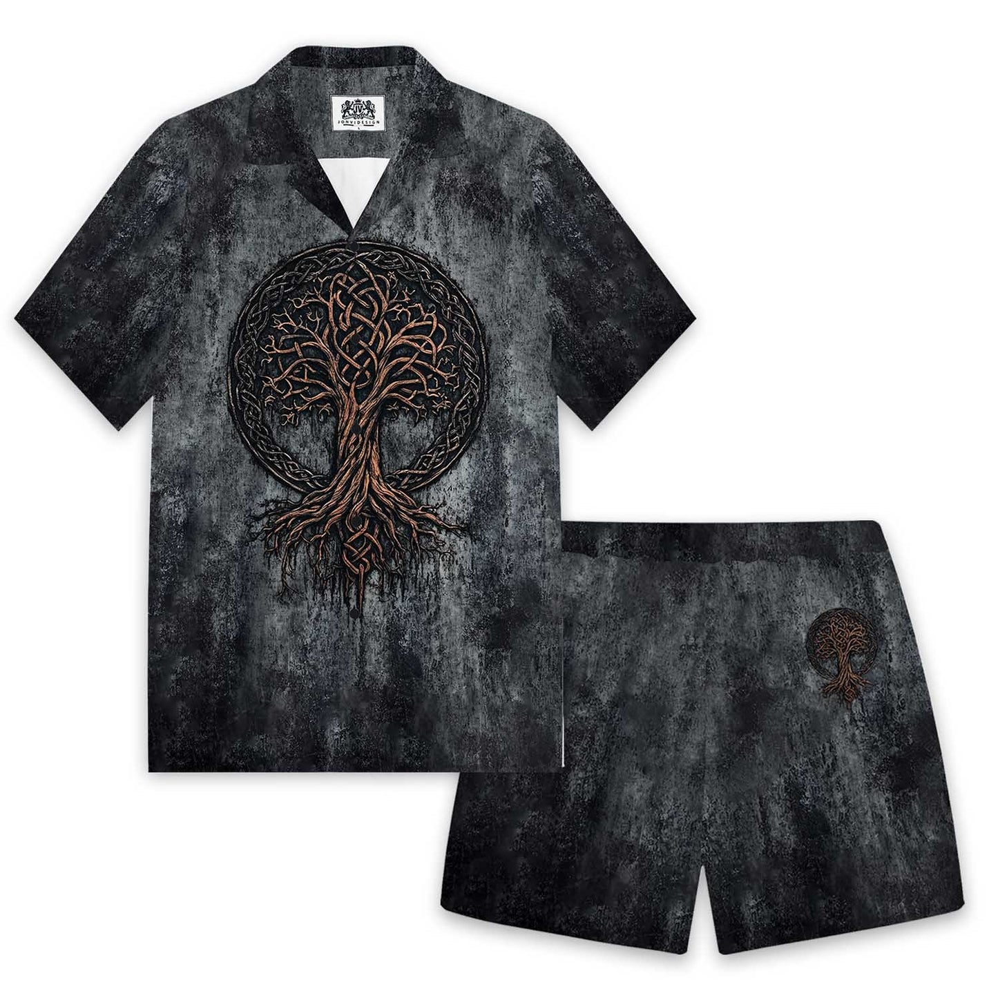 High-Grade Gradient Gray Viking Tree Of Life Pattern Elastic Waist Shorts