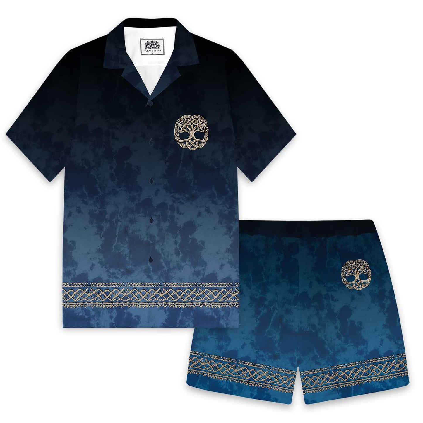 Gradient Blue Viking Tribal Print Elastic Waist Shorts