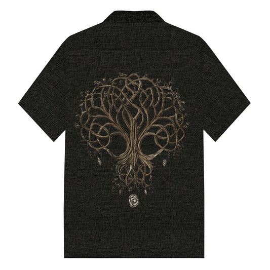 Men's Black Viking Tree of Life Print Camp Collar Casual Short Sleeve Shirt