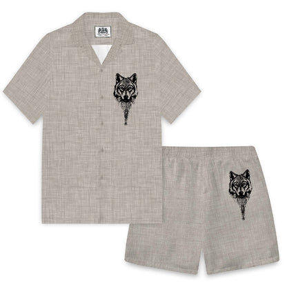 Vintage Viking Wolf Print Camp Collar Short Sleeve Shirt