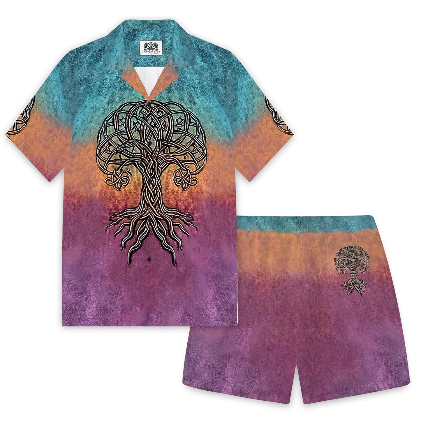 Viking-Style Tree Of Life Celtic Knot Art Camp Collar Short Sleeve Shirt