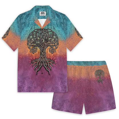 Viking-Style Tree Of Life Celtic Knot Art Camp Collar Short Sleeve Shirt