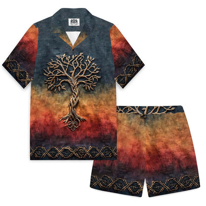 Men's Celtic Knot Tree Of Life Gradient Camp Collar Short Sleeve Shirt