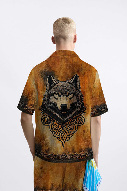Men's Retro Viking Wolf Print Camp Collar Short Sleeve Shirt