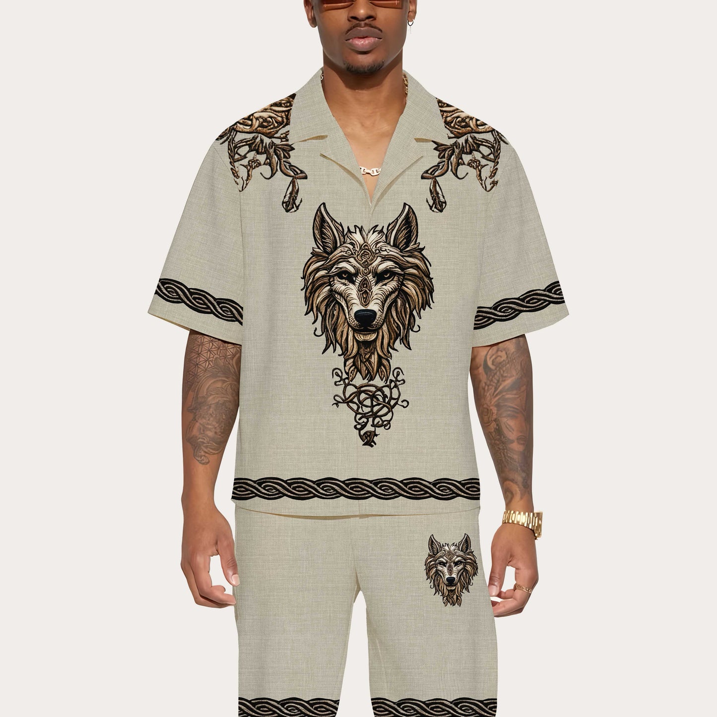 Men's Retro Viking Totem Wolf Camp Collar Short Sleeve Shirt