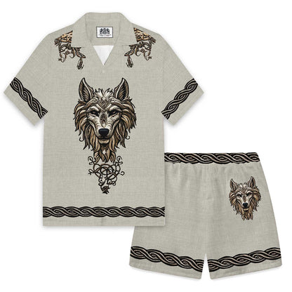 Men's Retro Viking Totem Wolf Camp Collar Short Sleeve Shirt