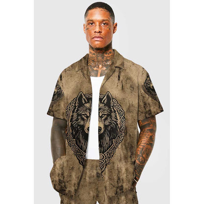 Retro Viking Wolf King Camp Collar Short Sleeve Shirt