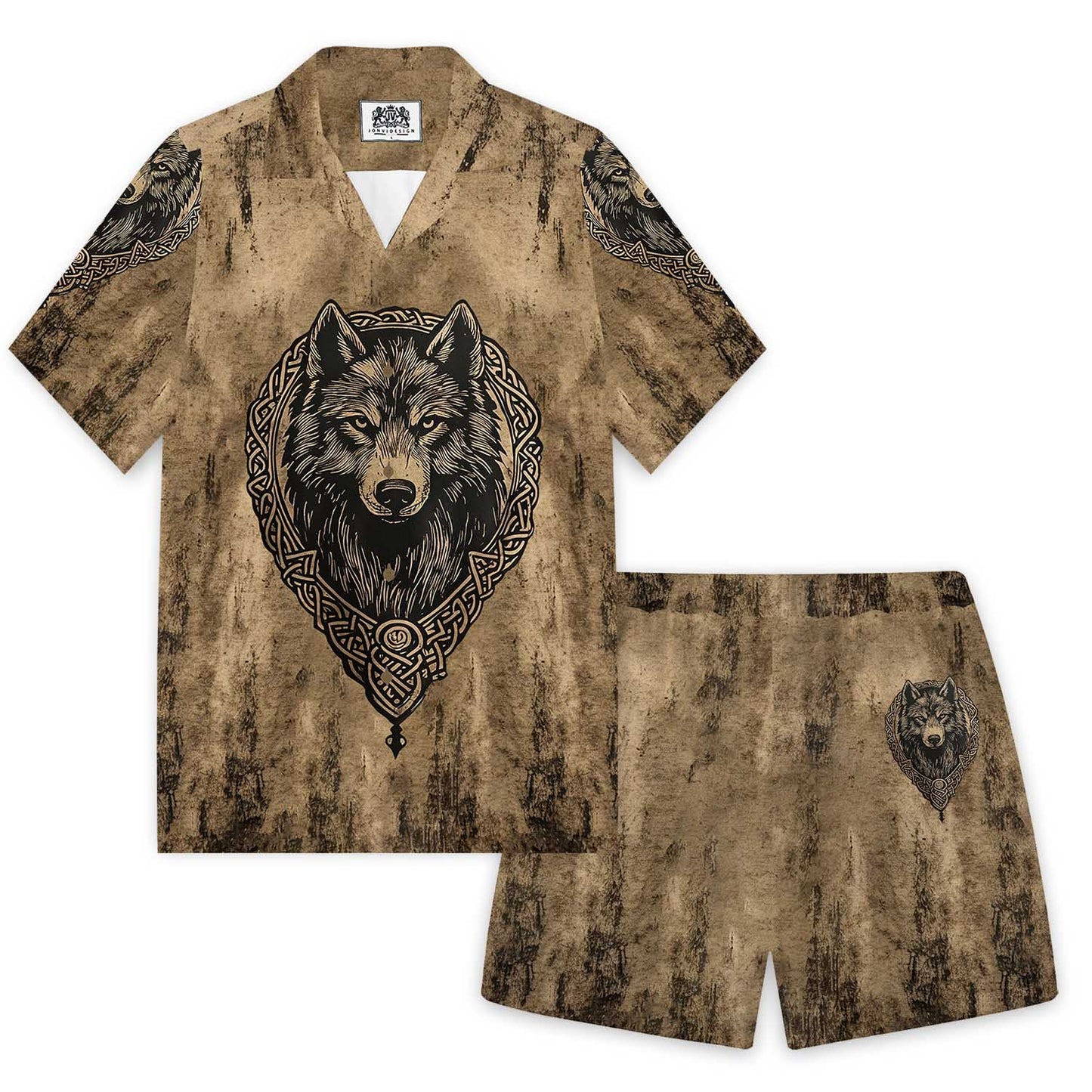 Retro Viking Wolf King Camp Collar Short Sleeve Shirt