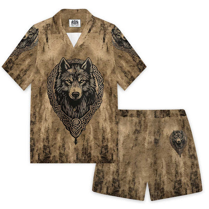 Retro Viking Wolf King Camp Collar Short Sleeve Shirt