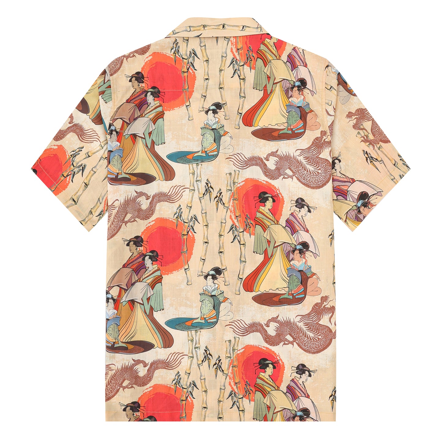 Ukiyo-e Japanese Women Printed Camp Collar Short Sleeve Shirt