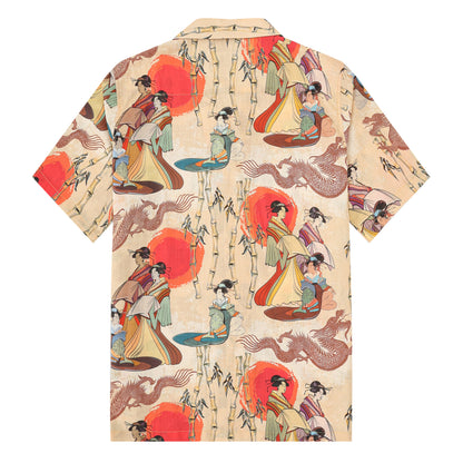 Ukiyo-e Japanese Women Printed Camp Collar Short Sleeve Shirt