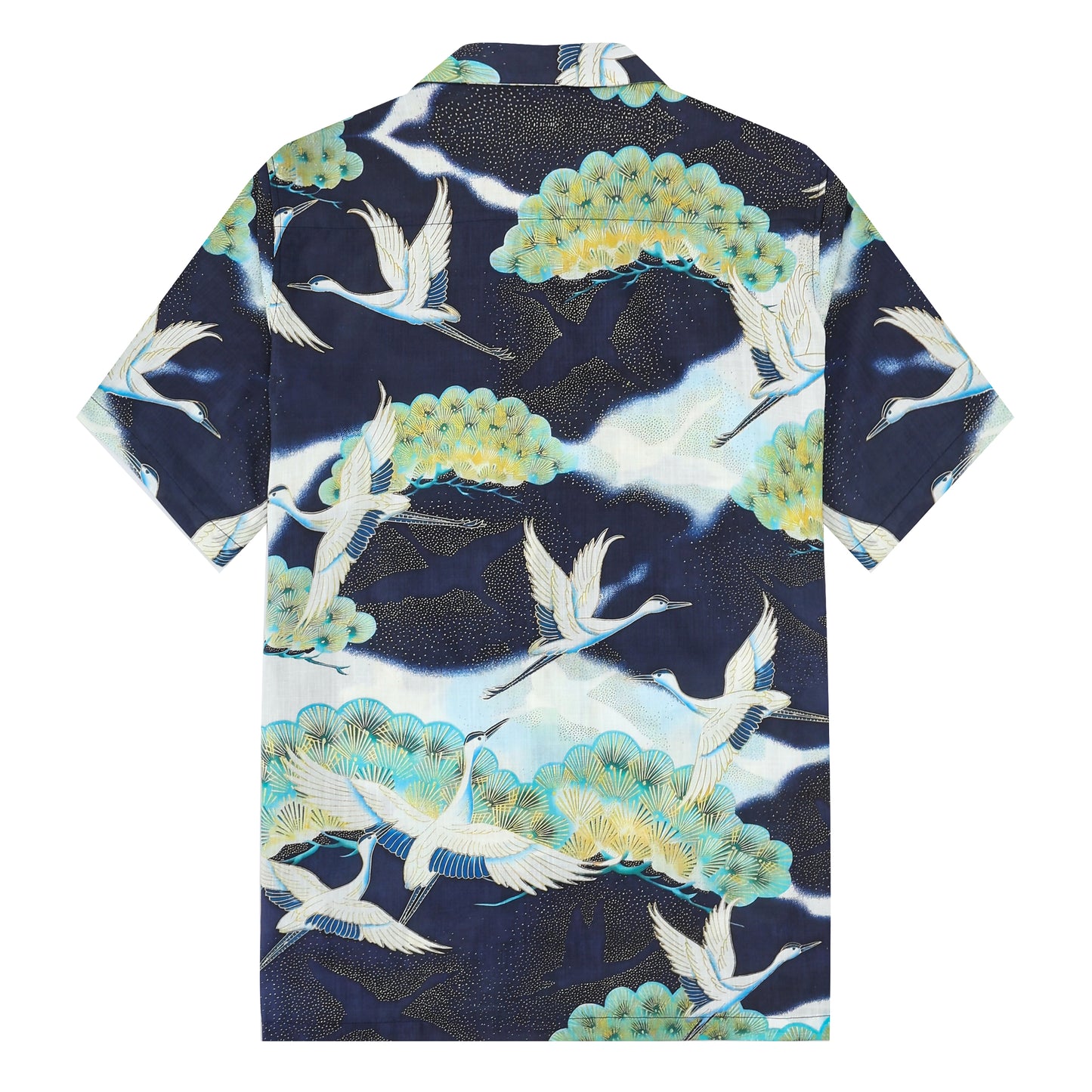Ukiyo-e Crane Pattern Camp Collar Short Sleeve Shirt