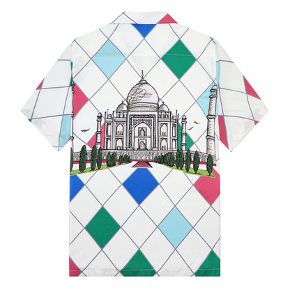 Multicolor Castle Pattern Silk Fiber Short Sleeve Camp Collar Shirt