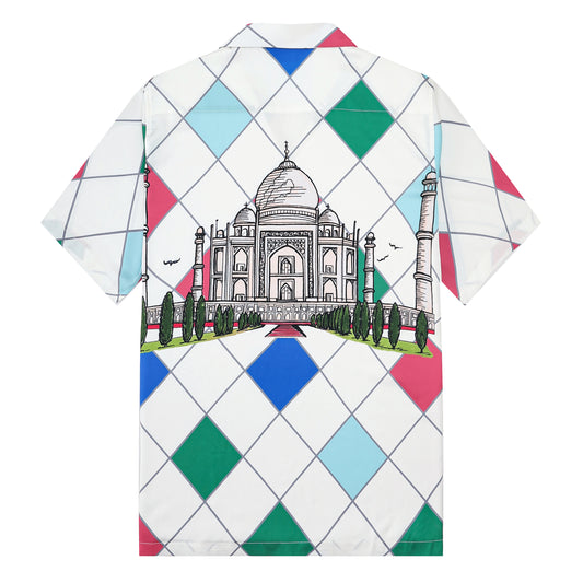 Multicolor Castle Pattern Silk Fiber Short Sleeve Camp Collar Shirt