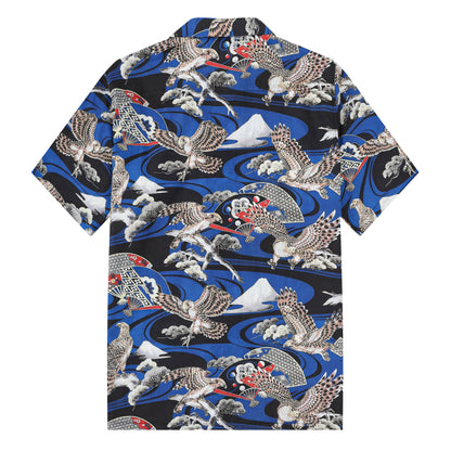 Ukiyo-e Falcons Fans Pattern Camp Collar Short Sleeve Shirt