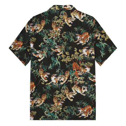 Ukiyo-e Bamboo Tiger Printed Camp Collar Short Sleeve Shirt