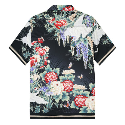 Ukiyo-e Floral Crane Printed Camp Collar Short Sleeve Shirt