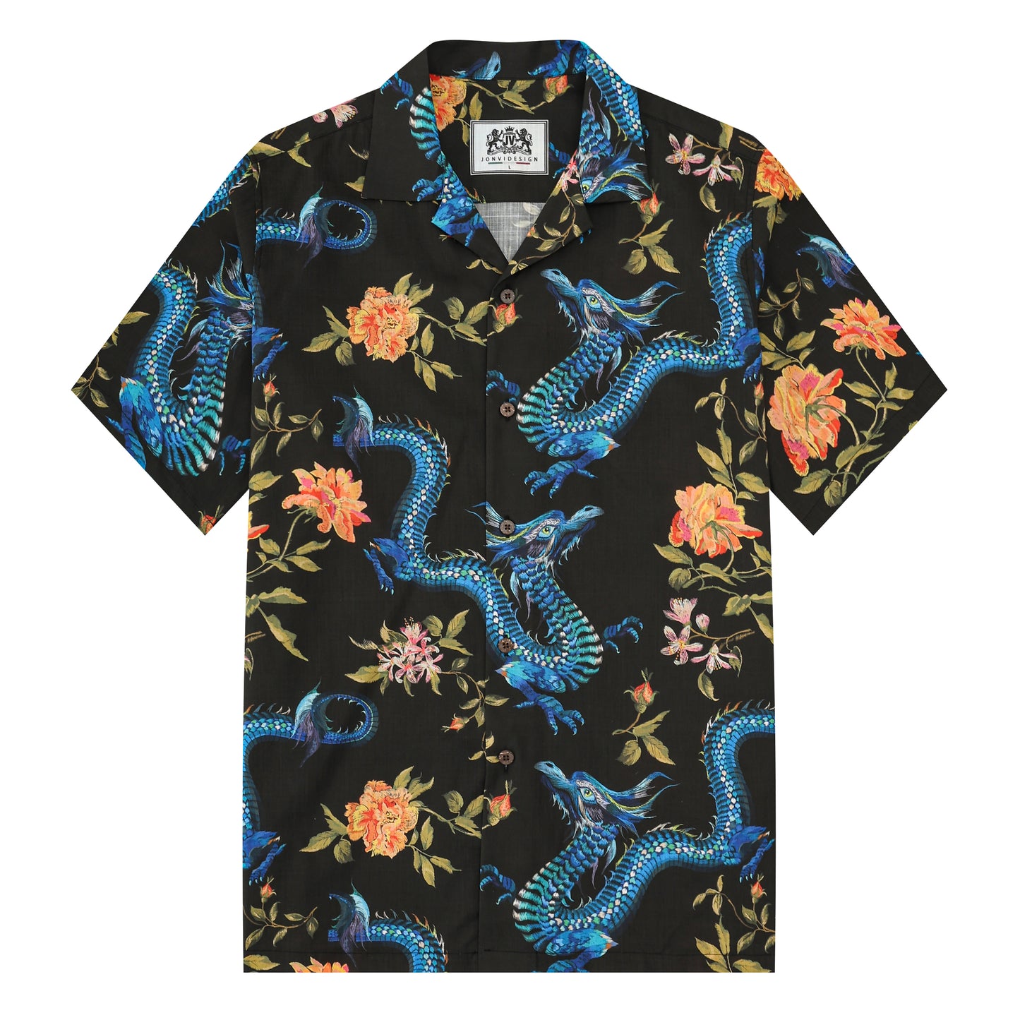 Ukiyo-e Floral Dragon Printed Camp Collar Short Sleeve Shirt