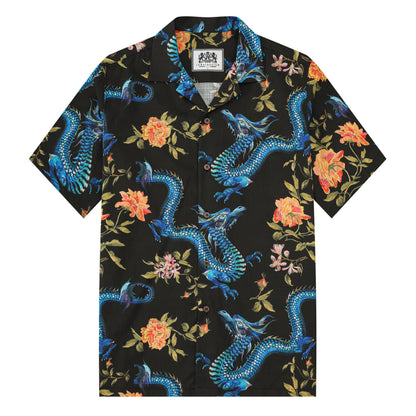 Ukiyo-e Floral Dragon Printed Camp Collar Short Sleeve Shirt