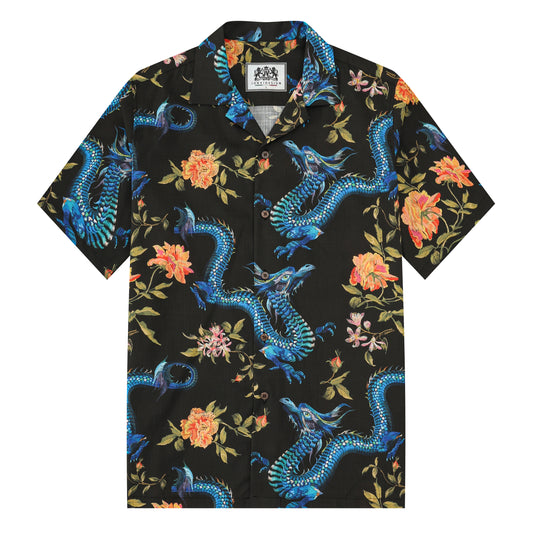 Ukiyo-e Floral Dragon Printed Camp Collar Short Sleeve Shirt