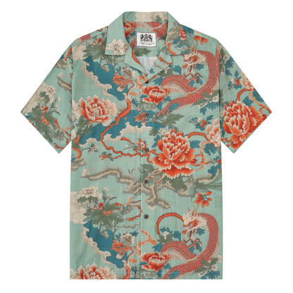Ukiyo-e Gragon Floral Pattern Camp Collar Short Sleeve Shirt