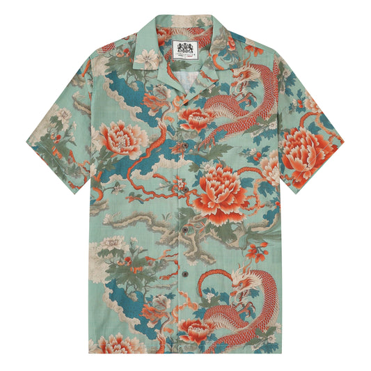 Ukiyo-e Gragon Floral Pattern Camp Collar Short Sleeve Shirt