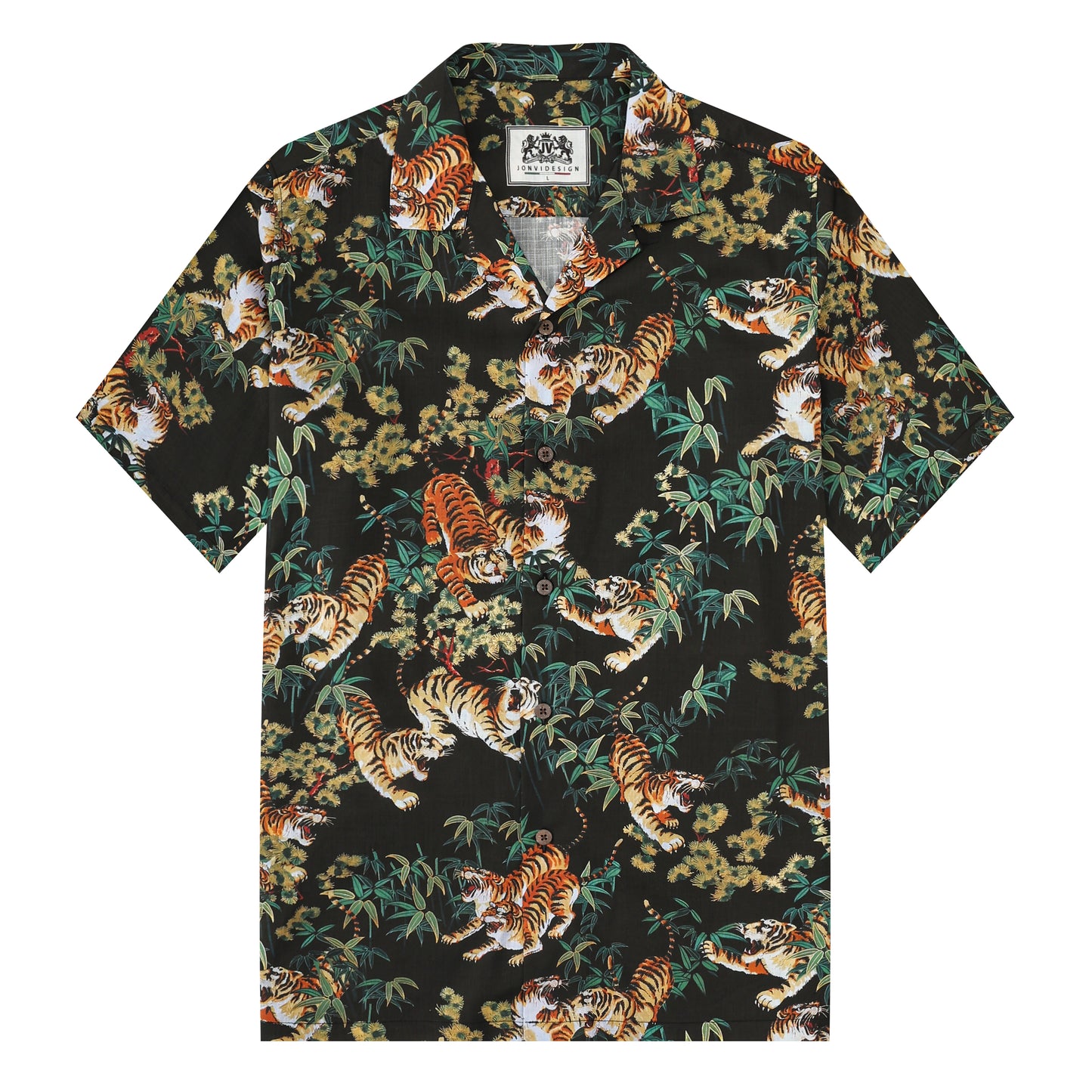 Ukiyo-e Bamboo Tiger Printed Camp Collar Short Sleeve Shirt