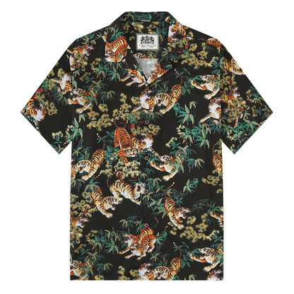 Ukiyo-e Bamboo Tiger Printed Camp Collar Short Sleeve Shirt