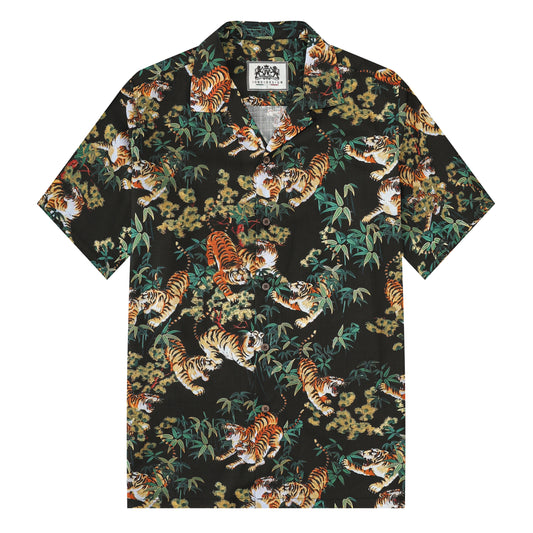 Ukiyo-e Bamboo Tiger Printed Camp Collar Short Sleeve Shirt