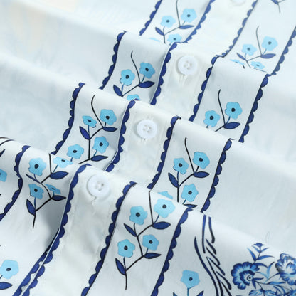 Floral Palace Pattern Long Sleeve Button Down Shirt in Blue Jonvidesign