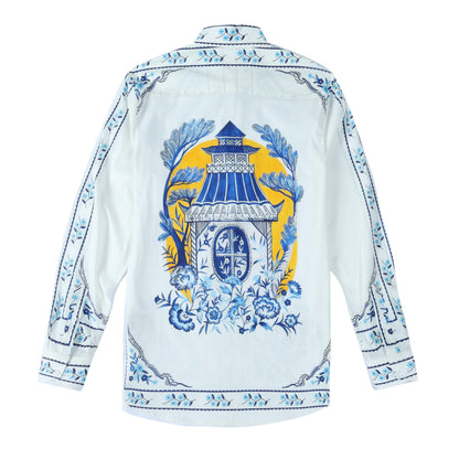 Floral Palace Pattern Long Sleeve Button Down Shirt in Blue Jonvidesign