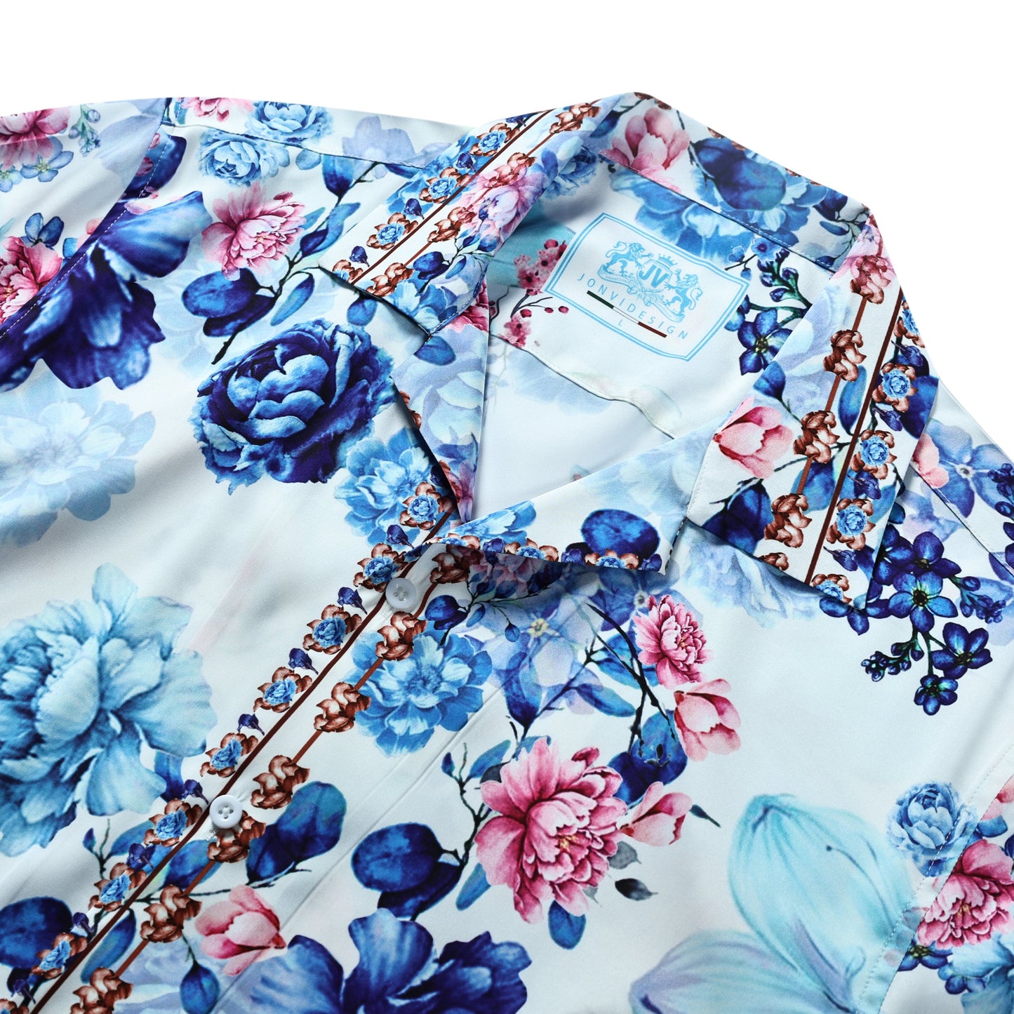 Floral Pattern Short Sleeve Camp Collar Shirt in Blue Jonvidesign