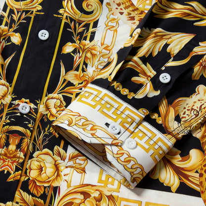 Golden Baroque Pattern Long Sleeve Button Down Casual Shirt Jonvidesign