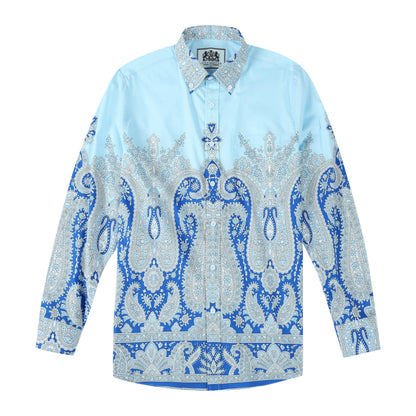 Grey Blue Paisley Pattern Long Sleeve Button Down Shirt Jonvidesign