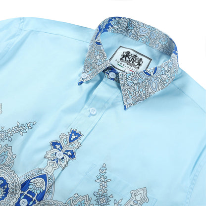 Grey Blue Paisley Pattern Long Sleeve Button Down Shirt Jonvidesign