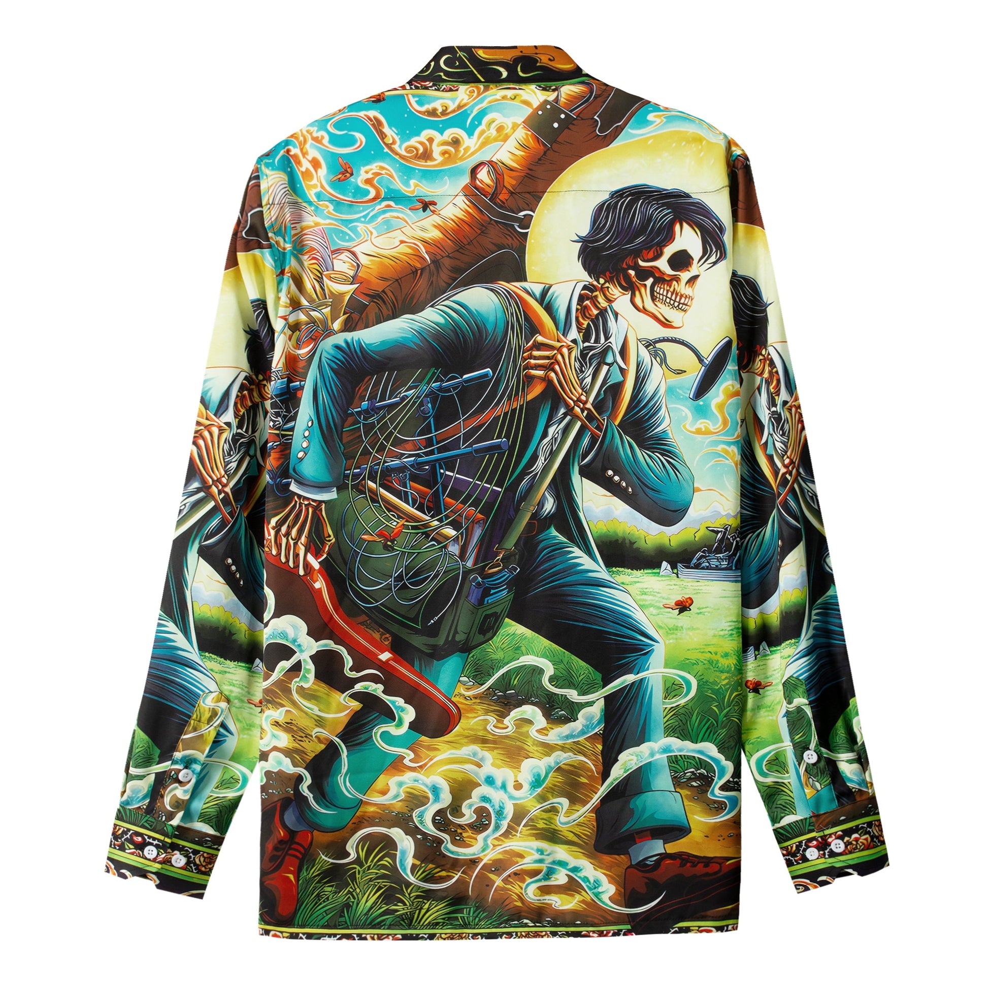 Halloween Long Sleeve Camp Collar Shirt with Skull Accents Jonvidesign