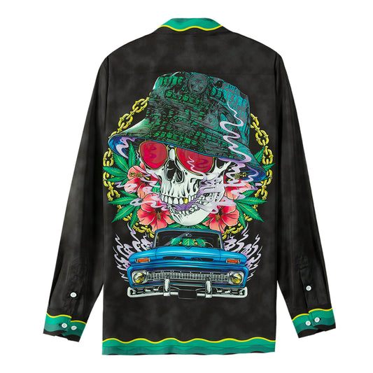 Halloween Long Sleeve Camp Collar Shirt with Skull Print Jonvidesign