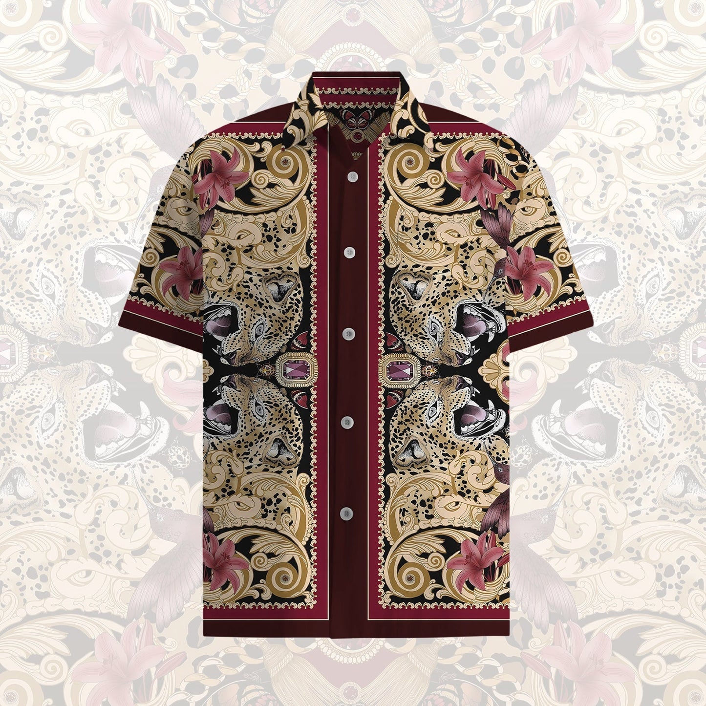 Nature Print Short Sleeve Shirt with Leopard Print Accents Jonvidesign